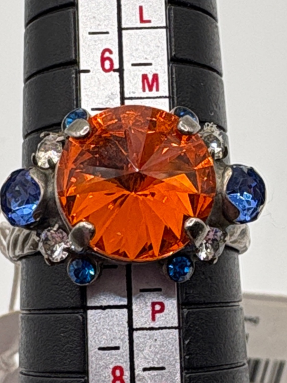 Sorelli Rhinestone Statement Orange-Center Ring Blue Accent Stones Size 6-7
